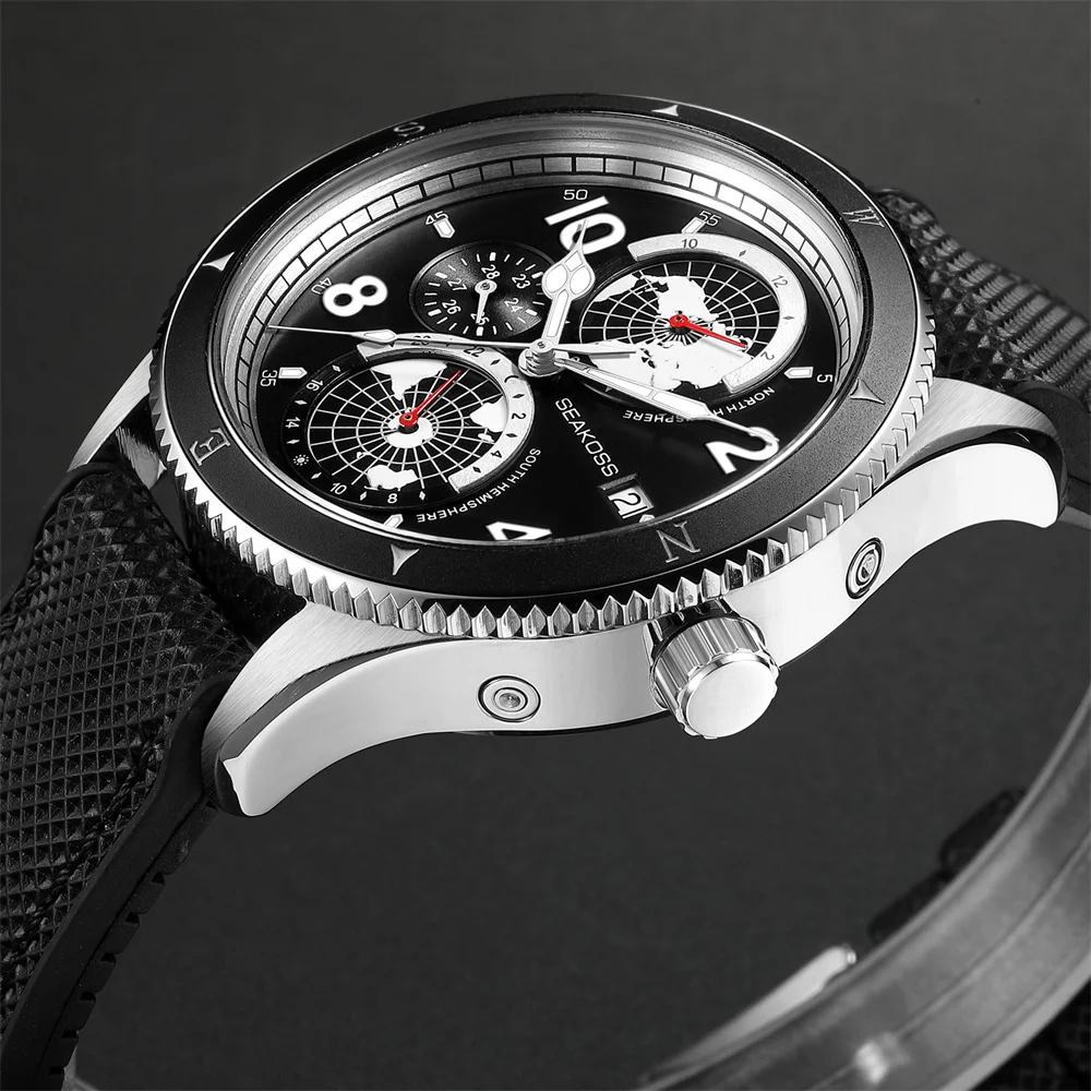 SEAKOSS 100M Jam Tangan Mekanis Otomatis Bumi Pria Menyelam C3 Jam Tangan Tampilan Bulan Tahun 24 Jam Kalender Safir Bercahaya