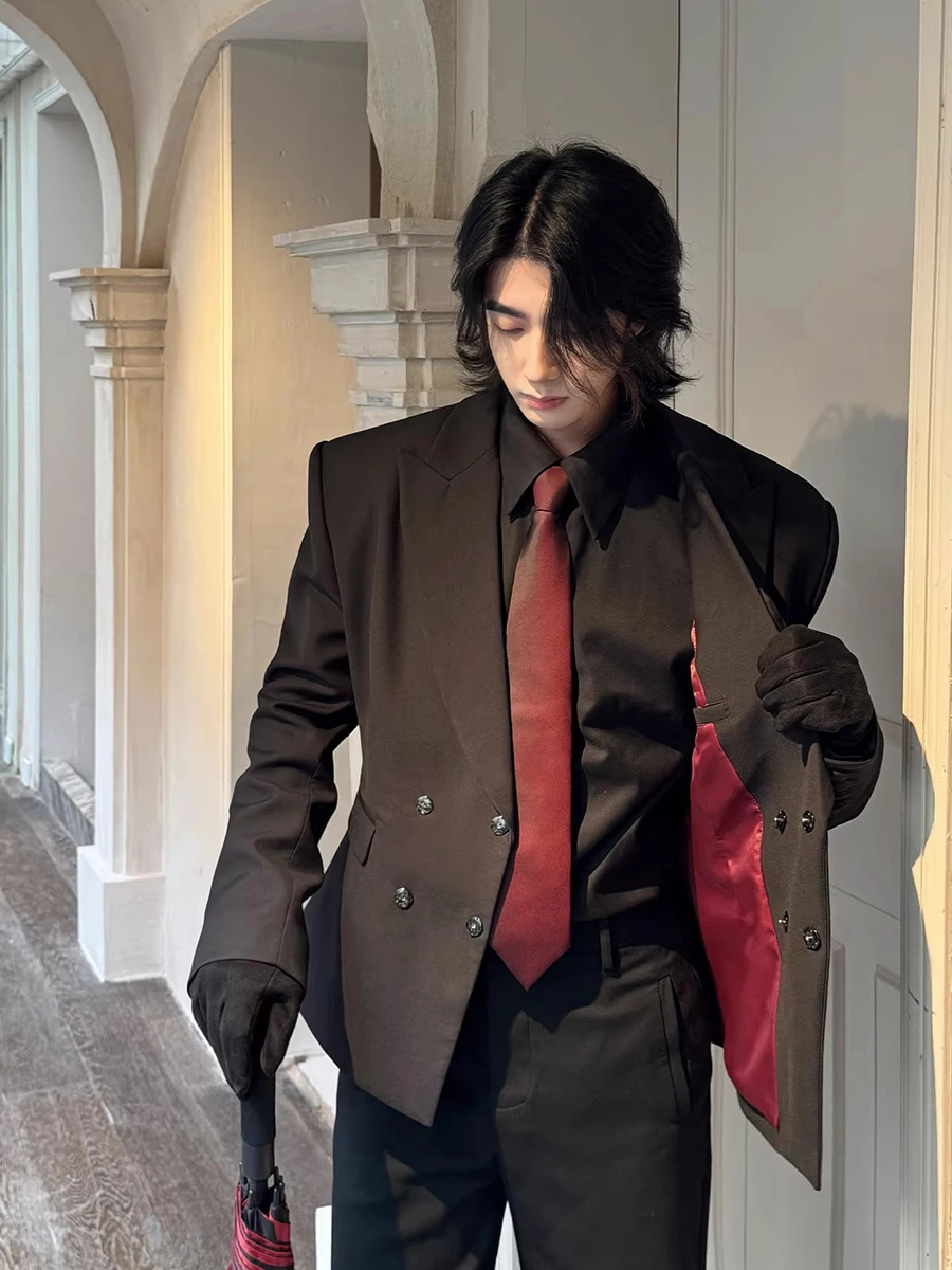 

Mauroicardi Spring Autumn Black Fitted Blazers for Men with Red Lining Inside Peaked Lapel Shoulder Pads Luxury Designer Clothes