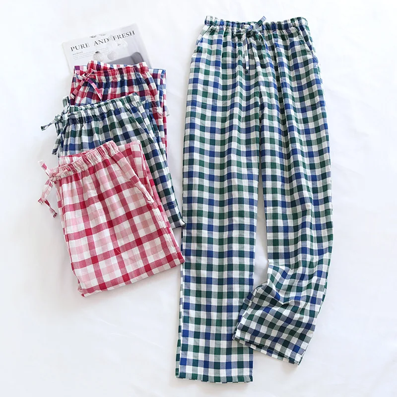 Couple Pajama Pants Women Cotton Gauze Trousers Thin Plaid Sleep Bottoms Elastic Waist Men Loose Night Pijamas Lounge Wear 2022