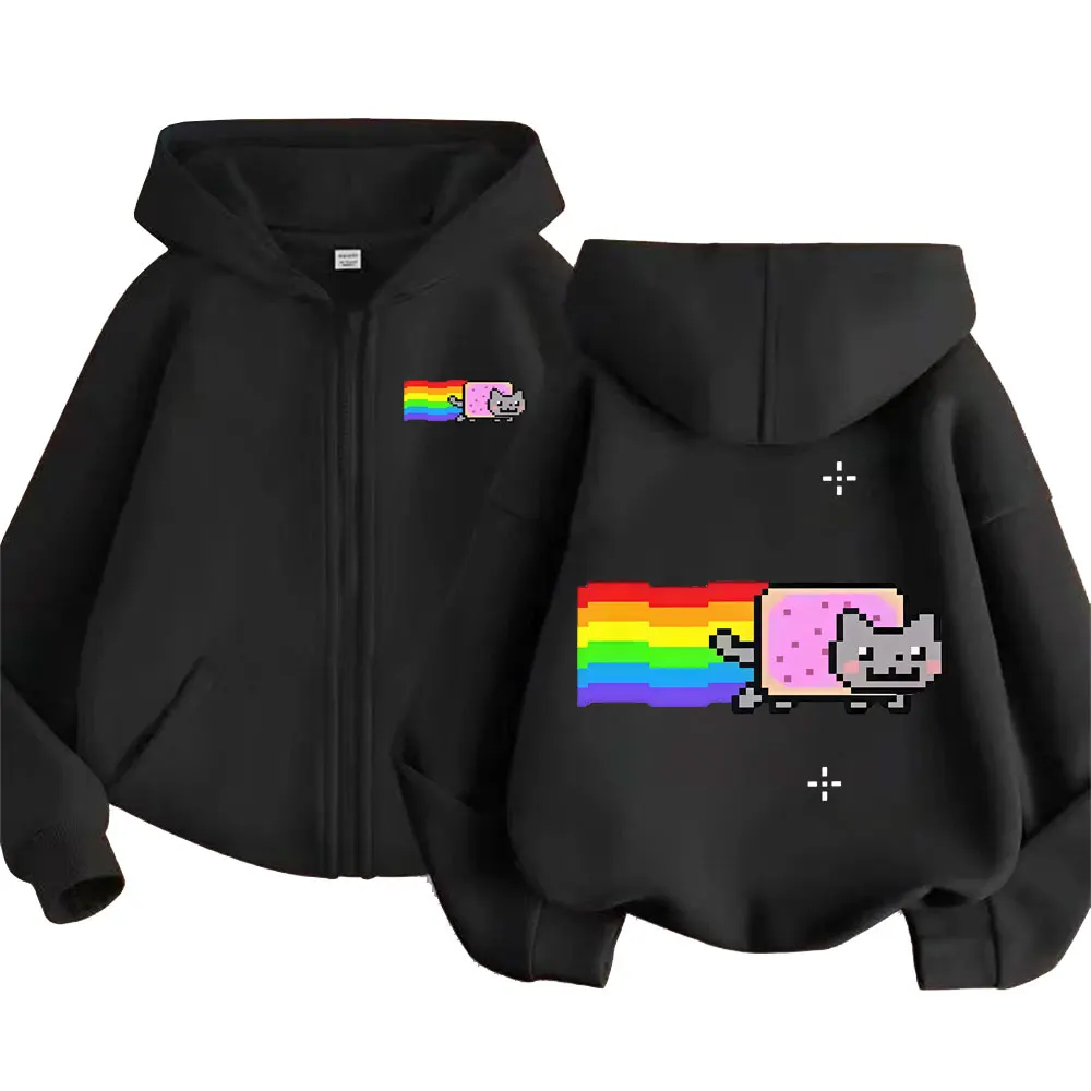 Game Rainbow Nyan Cat Funny Meme Zipper Hoodie Men Women Casual Humor Zip Up Jacket Fleece Cotton Oversized Zip Up Sweatshirt