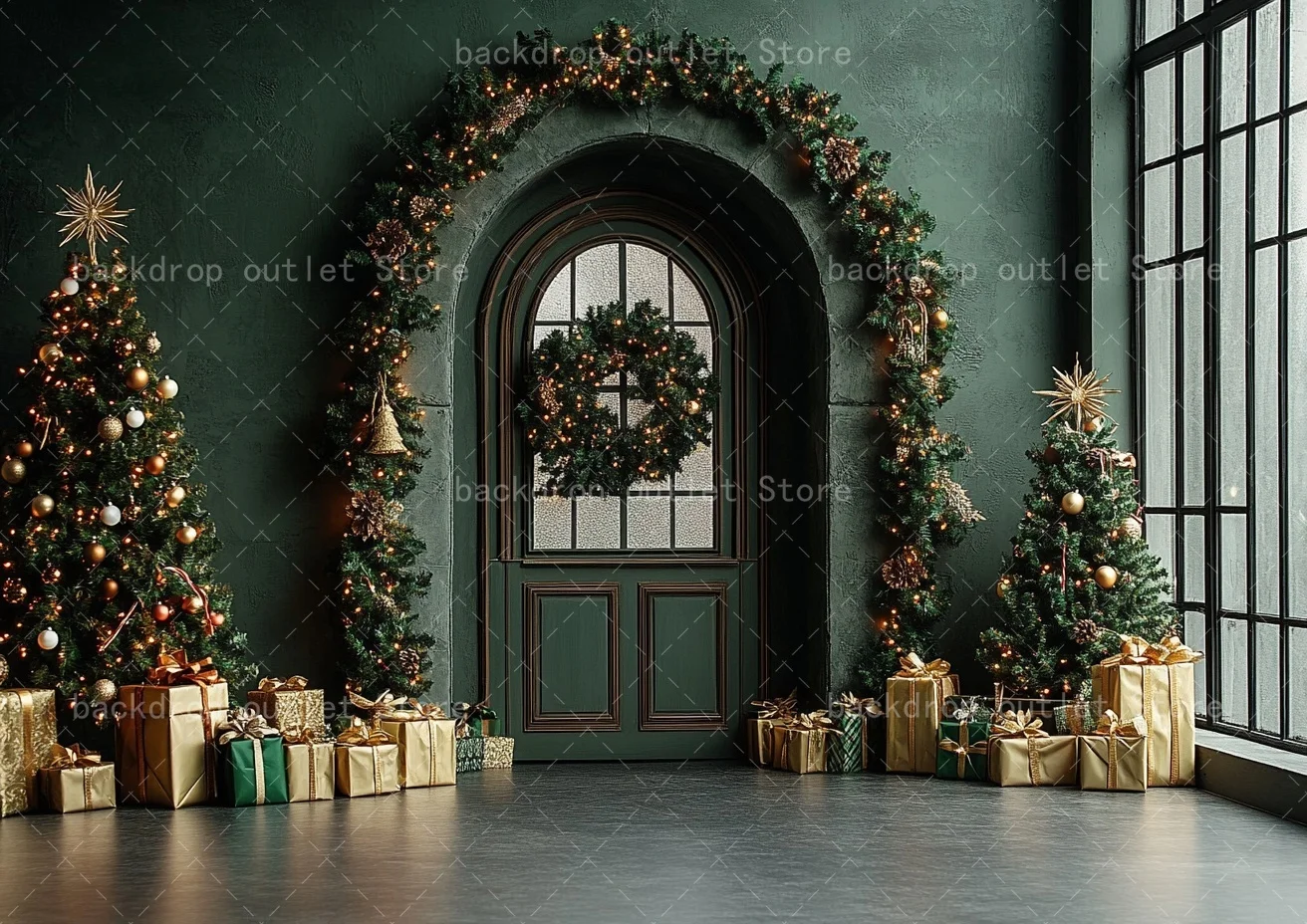 Mehofond عيد الميلاد التصوير خلفية خمر نافذة الباب الأخضر شجرة عيد الميلاد الاطفال الأسرة صورة خلفية ديكور #6