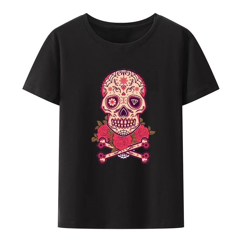 Sugar Skull Picture Print T-shirt Funny Tee Graphic Tshirts Loose Street Fashion Koszulki Classic Summer Clothes for Women Cute