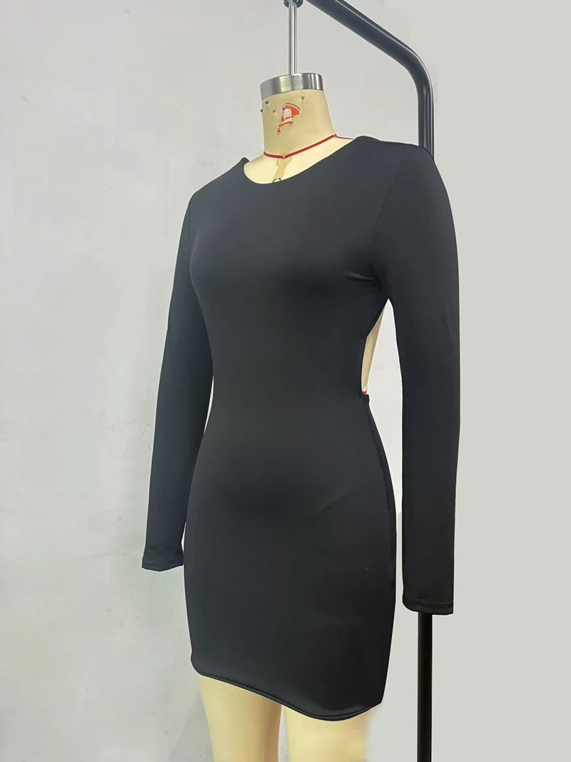 Schwarzes Mini-Kleid für Damen, Modisch, Sexy, Rückenfreies Partykleid, Damen-Streetwear, Koreanisches Design, Ausgeschnittene Langarm-Bodycon-Kleider, Neu – Detail 7