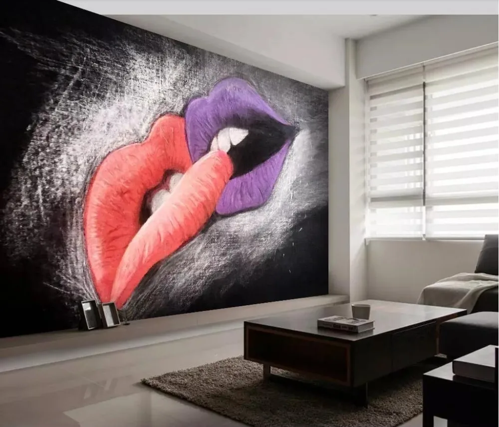 beibehang Custom wallpaper 3d mural European hand-painted oil painting red lips with love background wall decoration painting