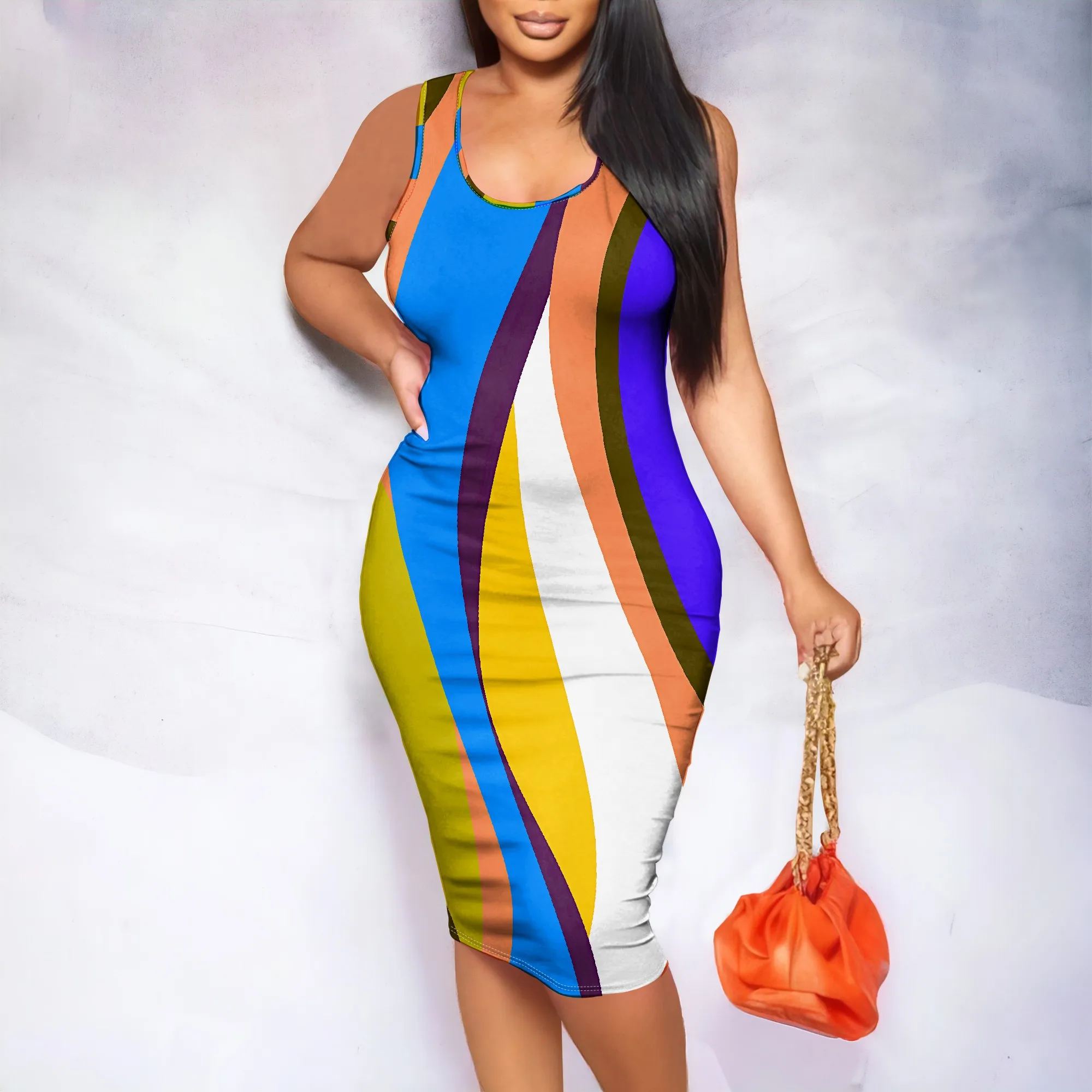 

Rainbow Stripe Bodycon Dress, Sleeveless Round Neck Wide Strap Midi Dress, Colorful Print Slim Fit Party Club Wear, XS-2XL