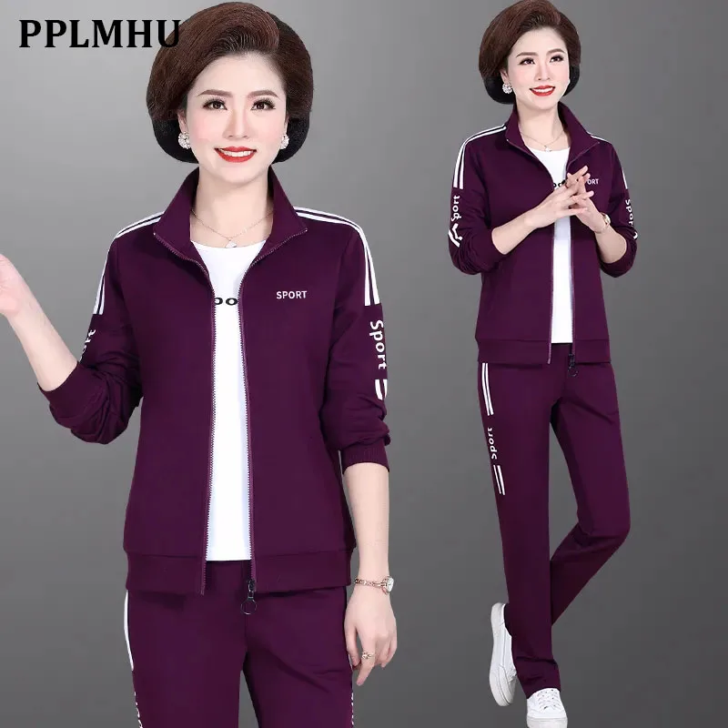 

Middle-Aged Mom Fashion Tracksuit 3 Piece Set Women 2022 Spring Autumn Sweatsuit Casual Zip Up Jacket + T-Shirt + Sweatpant Suit