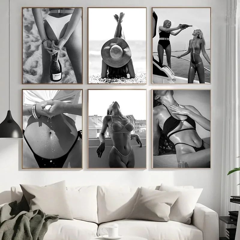 Sexy Black And White Beach Bikini Female Portrait Picture Posters Canvas Prints Wall Paintings Living Room Bedroom Home Decor