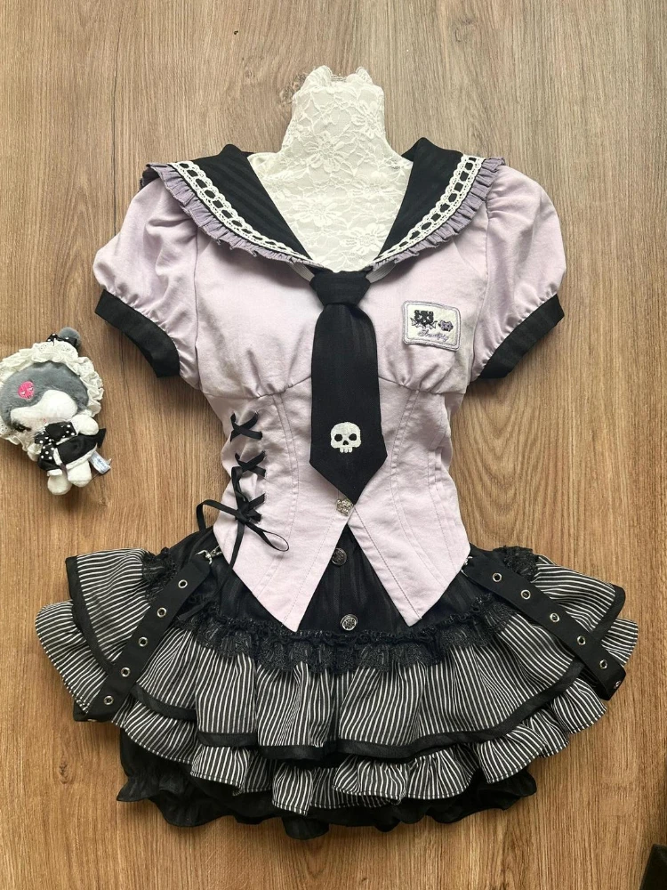 Conjunto de 2 piezas de manga corta de estilo pijo japonés para mujer, Tops Retro Y2k ajustados con cuello en V y falda de encaje con cintura elástica a rayas