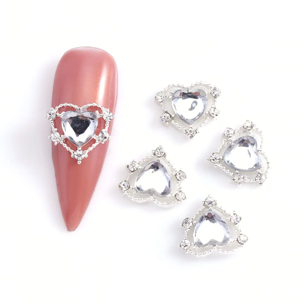 10 SZT./Worek Metalowe Ozdoby do Paznokci w Kształcie Serca Diamentowe Złote/Srebrne Stop Luksusowe Perły Czerwone/Niebieskie/Różowe/Przezroczyste Dekoracje Cyrkonie Biżuteria