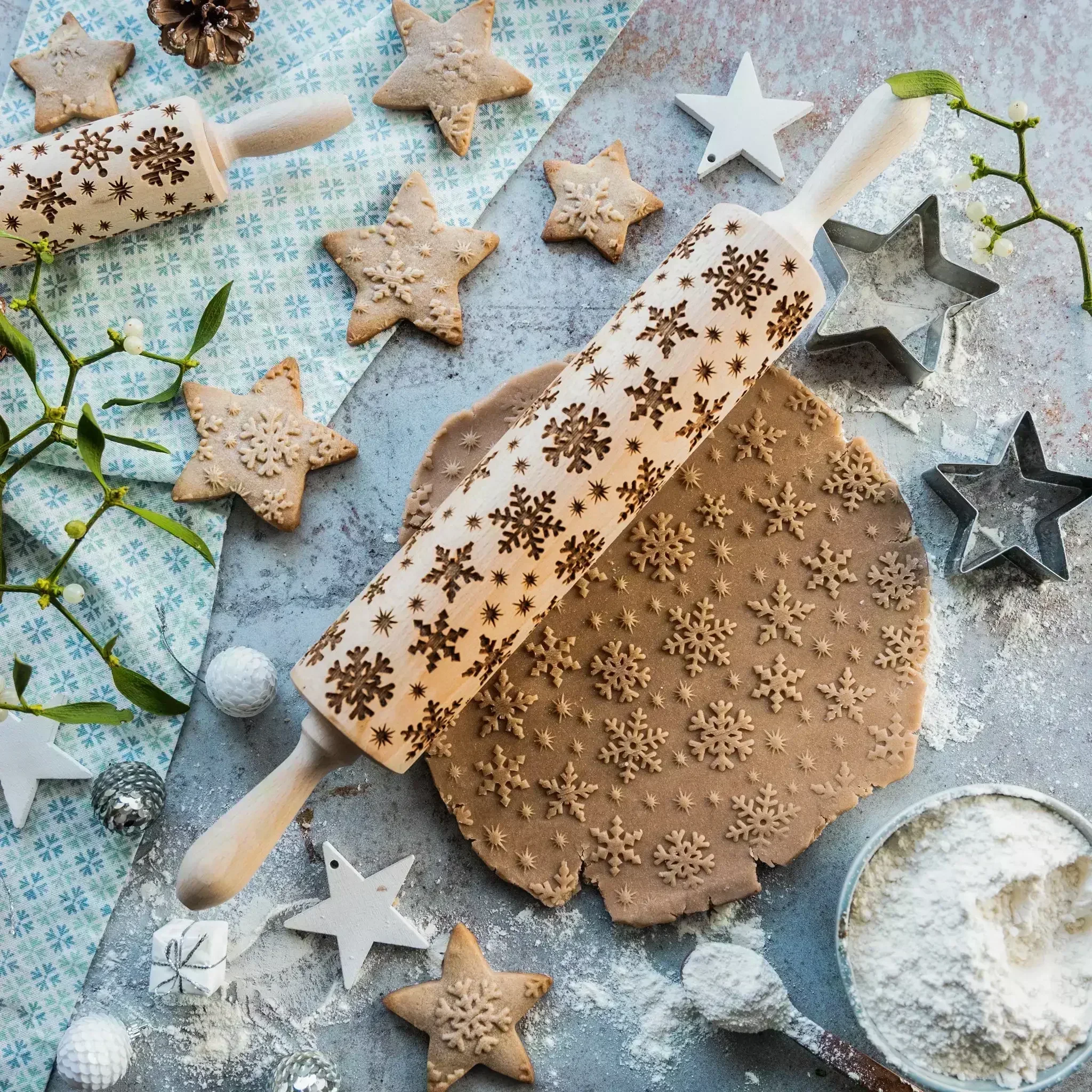 Printing Rolling Pins Rock Snowflake Elk Wooden  Embossing Baking Cookies Biscuit Fondant Cake Patterned Roller 35*5cm