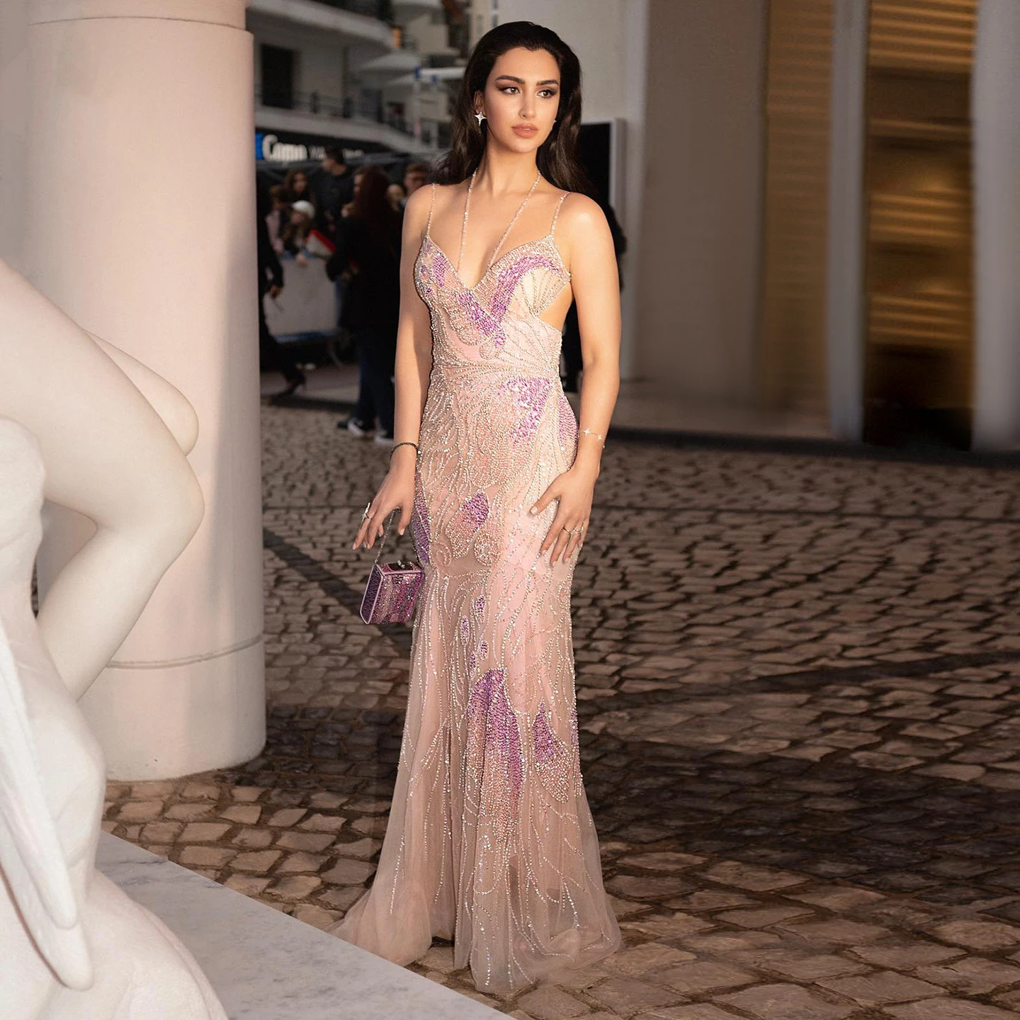 Sharon Said Luxury Mermaid Pink Evening Dresses with Feathers Scarf Straps Dubai Women Blue Wedding Prom Gowns SS478 Customized