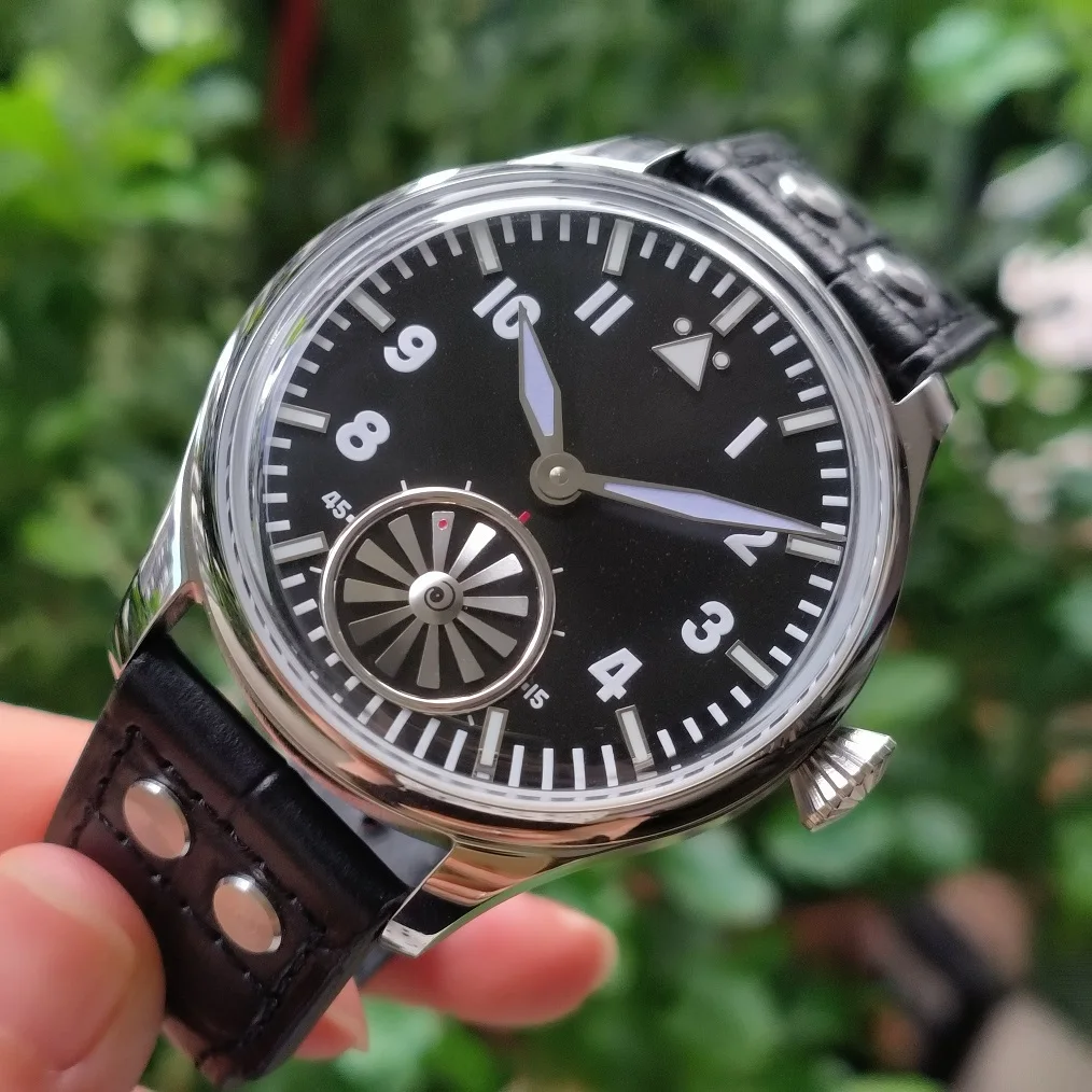 none logo 44mm Mechanical Hand Wind Watch Black dial Turbine shape Second hand dome protrude spherical glass ST3621 movement