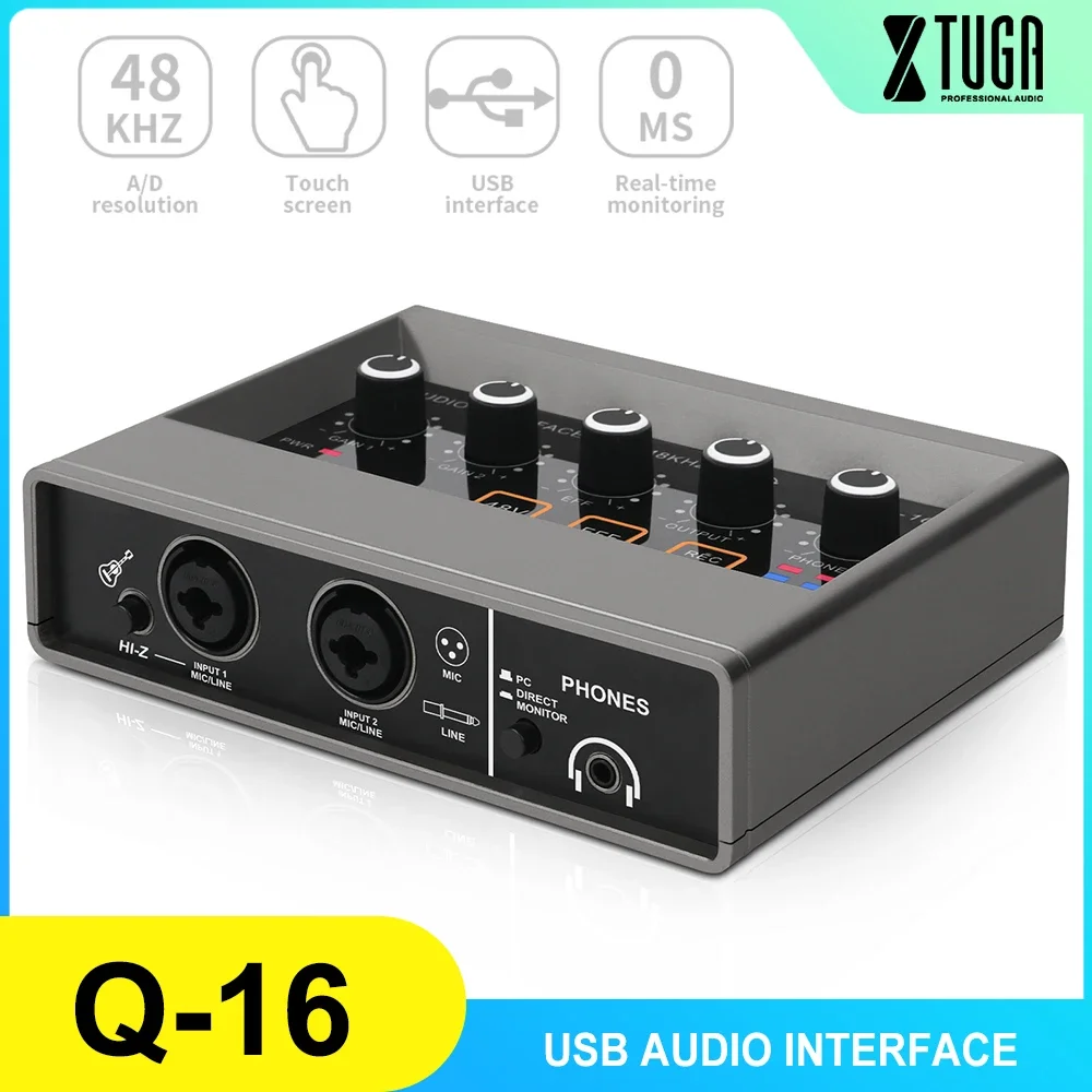 XTUGA Audio Interface 2 Channel 48V Diver-Free Computer Record Electric Guitar Echo Effects PC Recording External Sound Card Q16