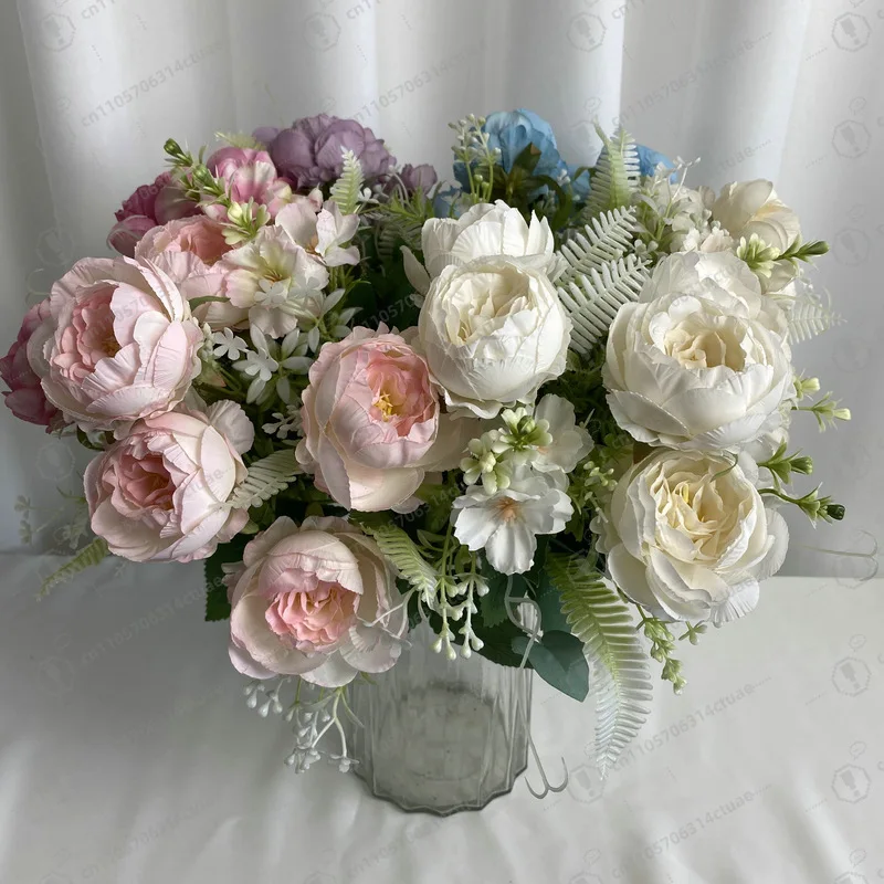 Buquê de seda de peônia artificial decorado com cabeça grande, decorações de casamento, Páscoa ou Halloween