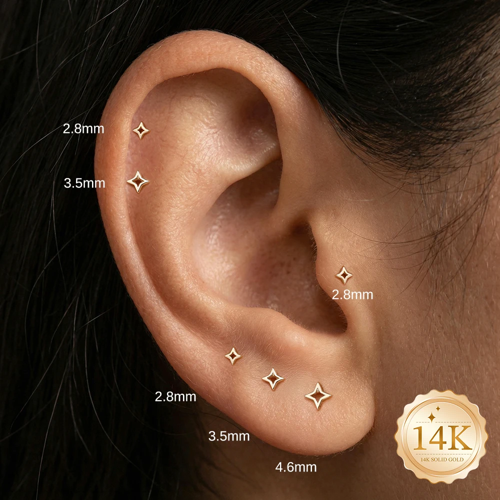 ROXI 1PC 5/6/8mm 14K Solid Gold Plain 4-Pointed Star Flat Back Piercing Studs, Hypoallergenic Earring for Women view 6