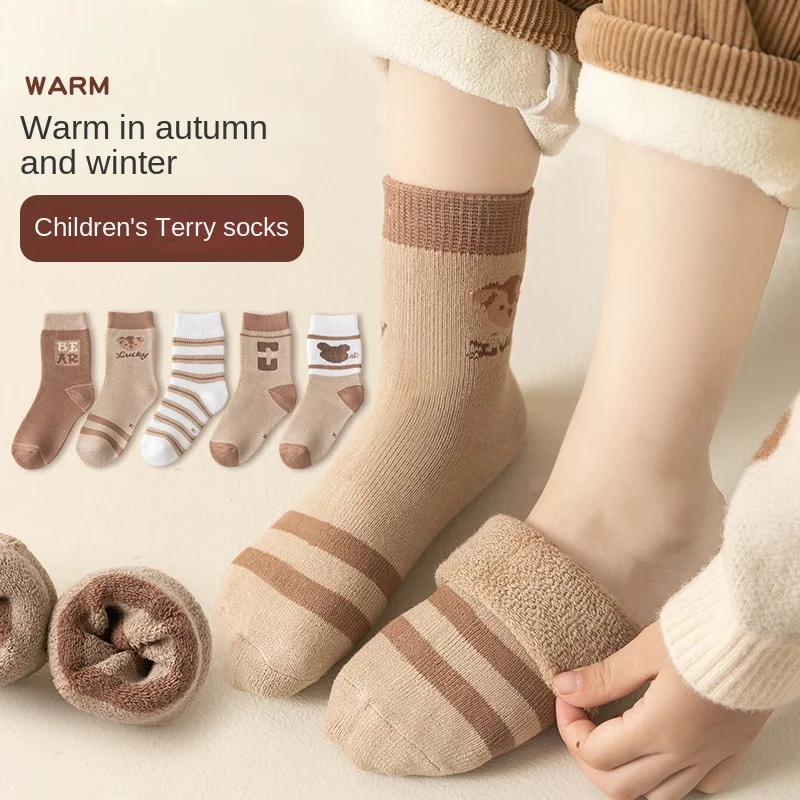 

Children's socks Winter plus fleece thickened warm hoop Baby floor socks mid-tube towel socks damp winter