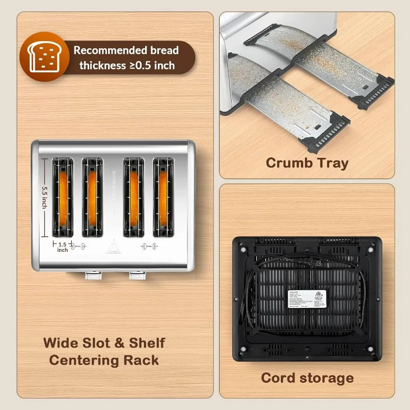 4 Slice Toaster with Touch Screen Control, 4 Wide Slots, Stainless Steel Smart Bread Toaster for Bagels, Muffins, Waffles