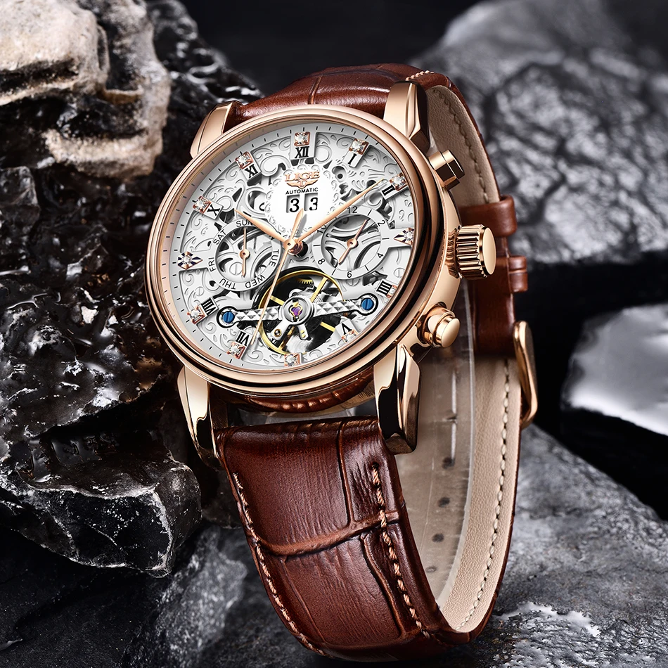 2023 LIGE Business Waterproof Mens Mechanical Watches Top Brand Luxury Automatic Creative Date Watch For Men Leather Wristwatch