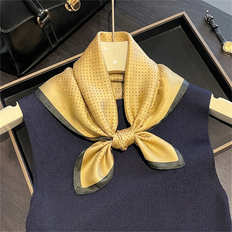 100% Silk Square Scarf Yellow Polka Dot Bandana Hijab Stylish Neck Scarf Bag Accessory Head Wrap for Women Daily Use and Gifts view 2