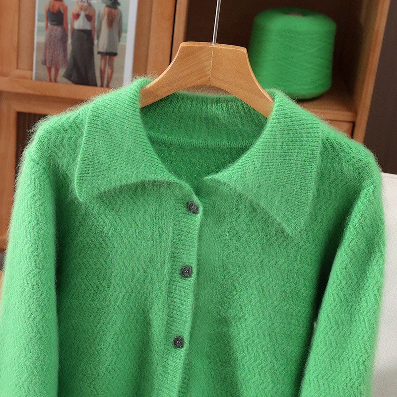 

100% Mink Cashmere Solid Color Turn-Down Collar Cardigan Long Sleeves Comfortable Warm Soft Fashion Women's Gentle Clothing Top