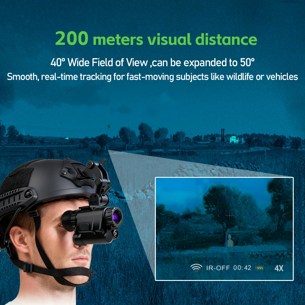 TRV NVG30 Head-Mounted Night Vision Goggles Monocular 2k Resolution 4x Digital Optical Amplification 13 Hours Operating Time