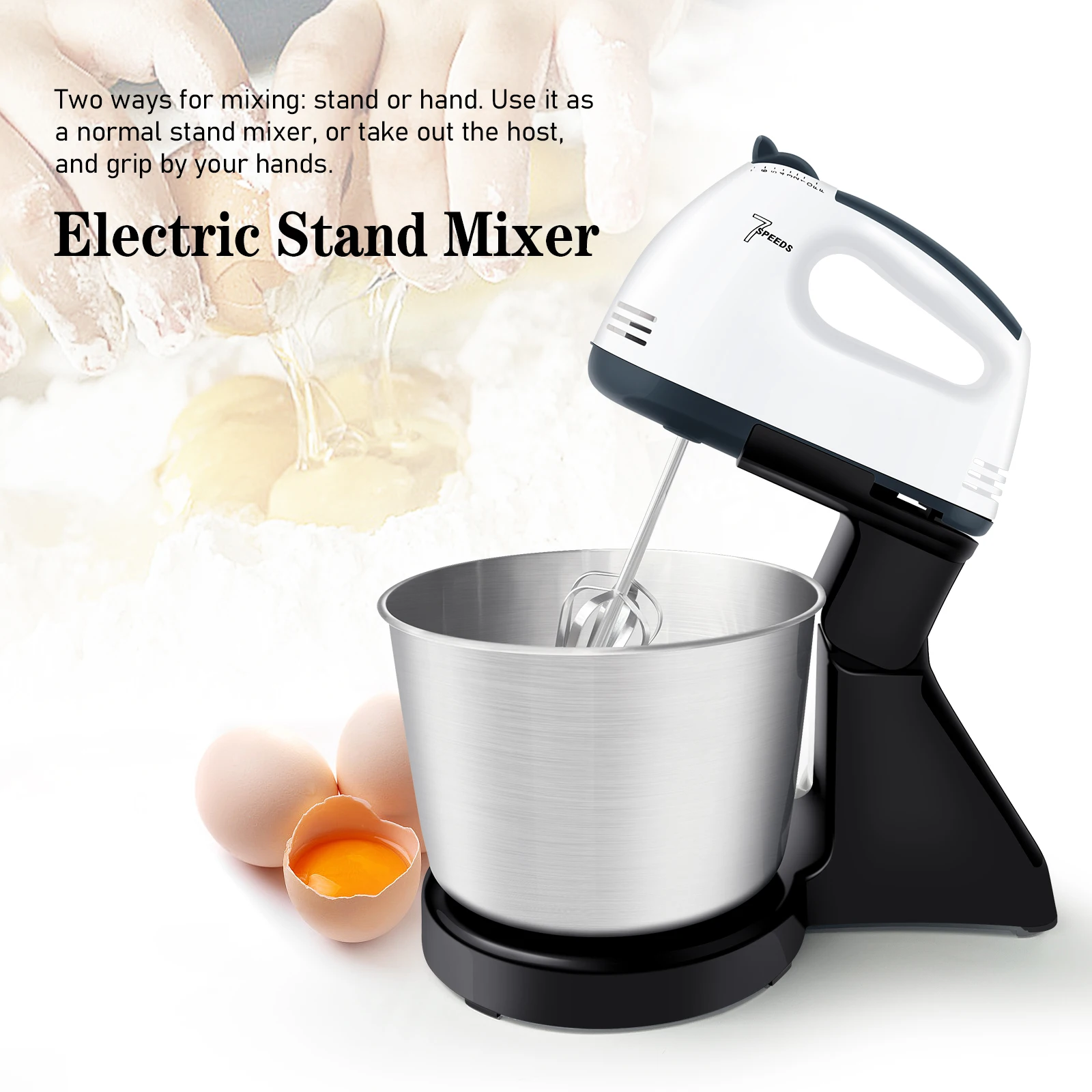 Handheld Stand  Mixer with Dough Hook and Stirring Bars, High Power Kitchen Food Mixer with Stainless Steel Mixing Cylinder easy