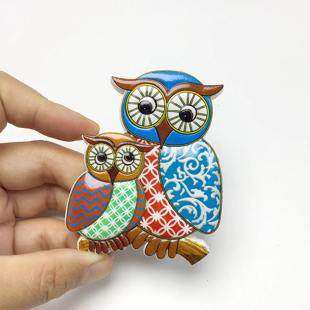 

Resin Owl Family Magnetic Refrigerator Decor - Colorful Patterned Fridge Magnet - Unique Home Decor Gift