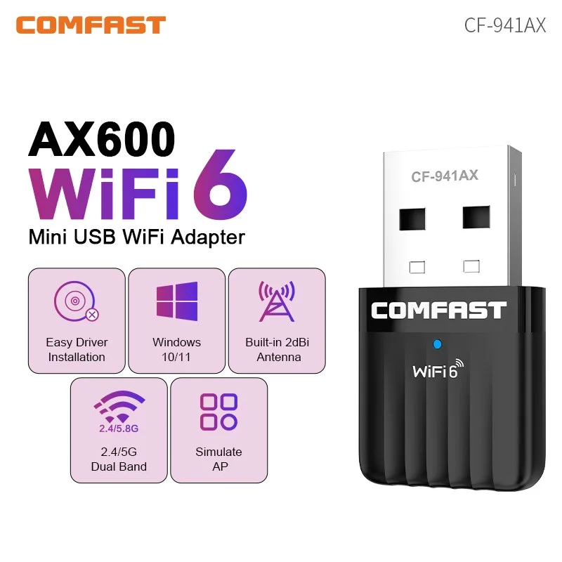 COMFAST AX600 WiFi6 adattatore 2.4G e 5G 572Mbps scheda di rete 802.11ax Driver gratuito USB WiFi6 Dongle per PC/Laptop Win 10/11