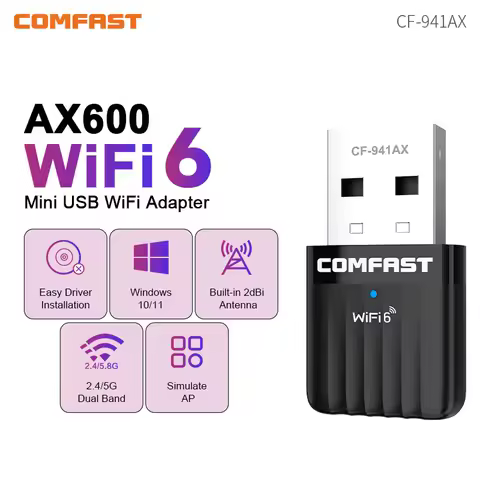 COMFAST AX600 WiFi6 Adapter 2.4G&amp;5G 572Mbps Network Card 802.11ax Driver Free USB WiFi6 Dongle for PC/Laptop Win 10/11