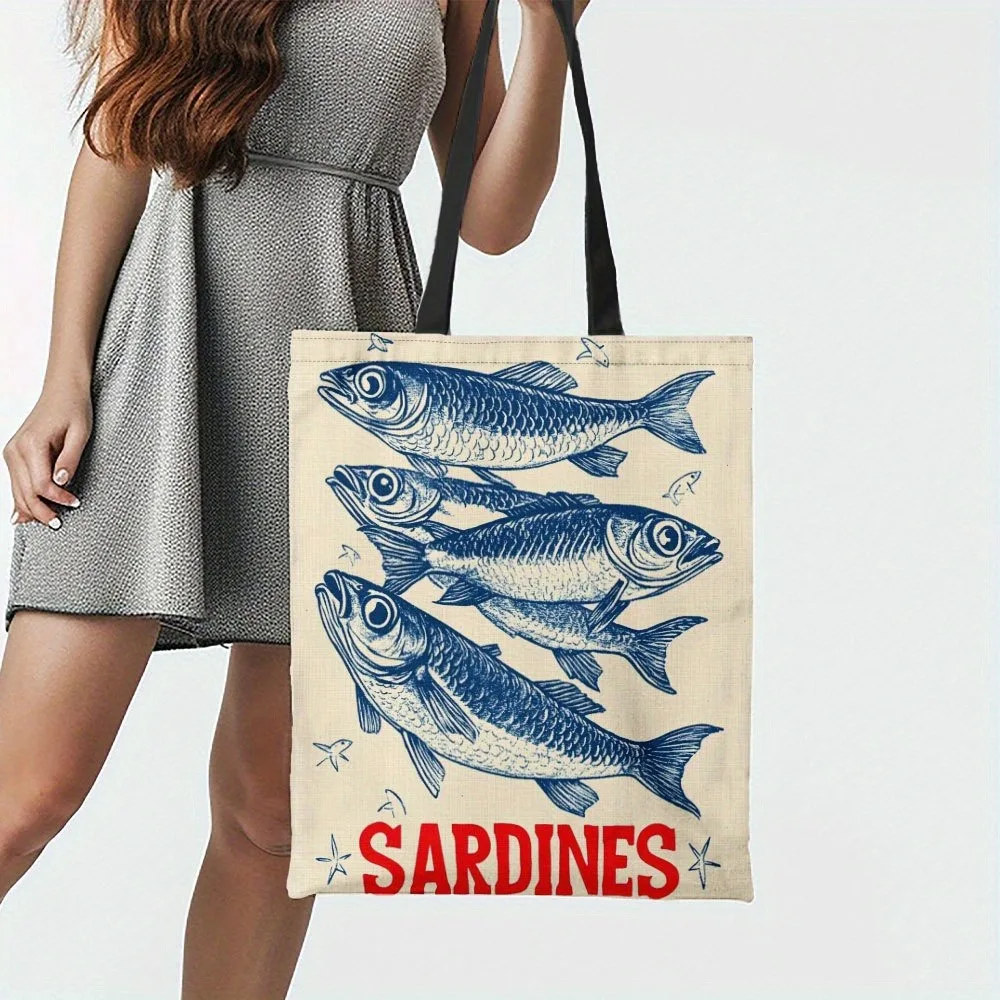 1 قطعة حمل حقيبة خمر السردين نمط أكياس البقالة قابلة لإعادة الاستخدام للتسوق ، حقيبة يد يومية حقيبة مقبض دائم ، حمل الحقائب