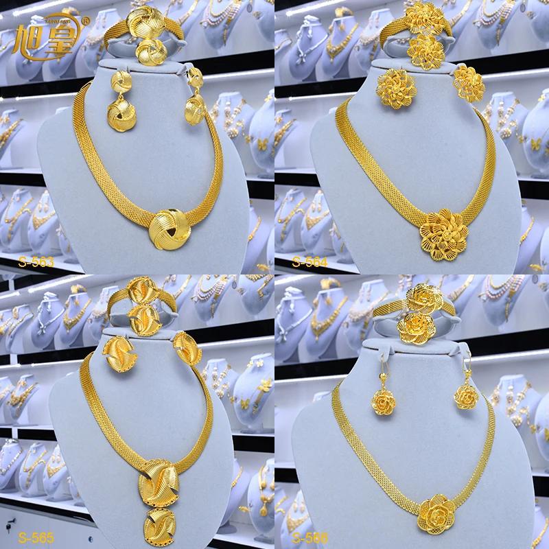 XUHUANG African Necklaces Bracelets Earing Sets Nigerian Wedding Jewelry Set Ethiopian Gold Colour Necklace Jewellery Set Gifts