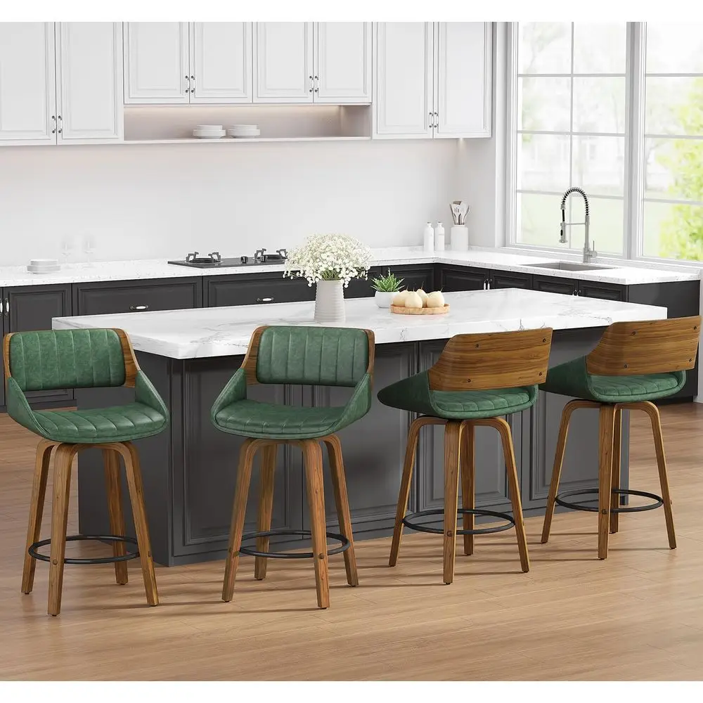 

Stools Set of 4, 26 Swivel Counter Height Barstools with Walnut Bentwood Back and Legs, MidCentury Modern Faux Leather holste