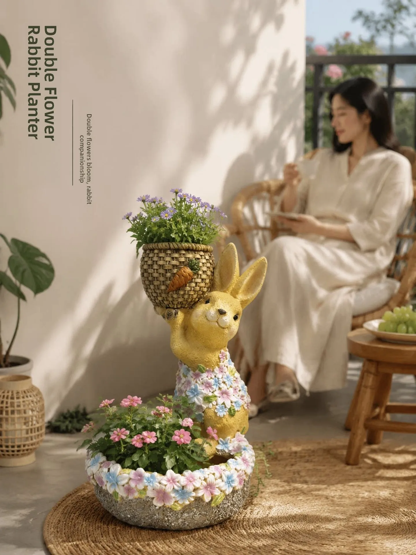 Double Layer Garden Pot Rabbit Shaped Oxide Magnesium Waterproof Sun Resistant Planting Basin Garden Decoration Ornaments