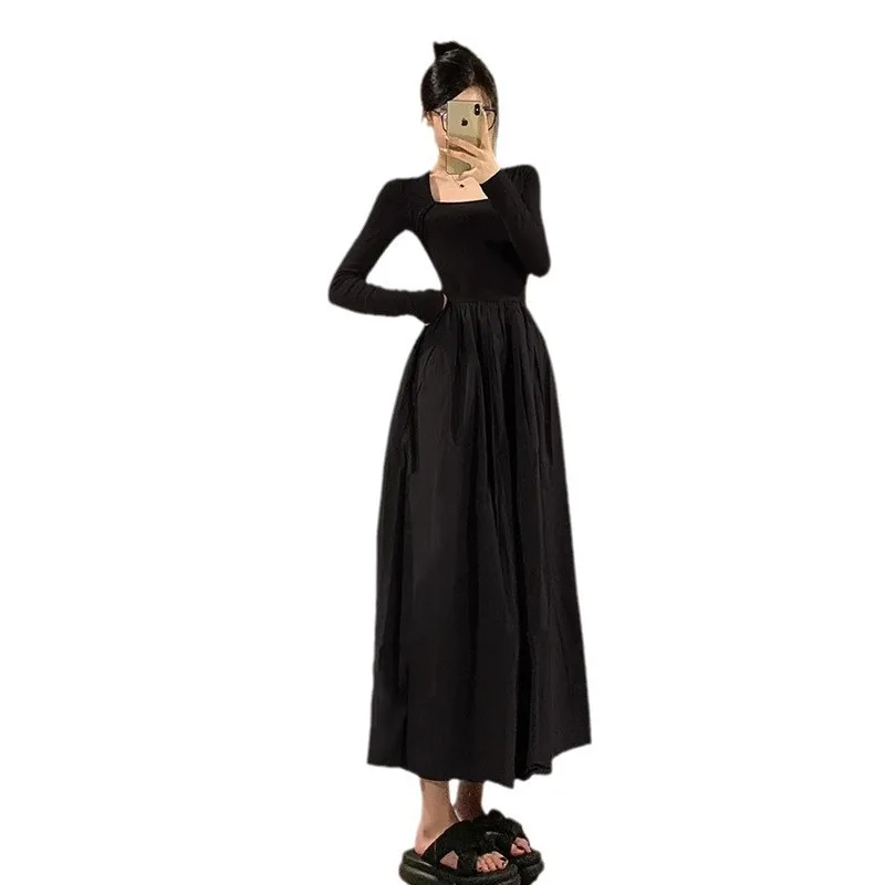 2025 New Vintage Short Sleeve Midi Dress Y2K Retro Women Summer Korean Version Square Collar Streetwear High Waist Slim Dresses