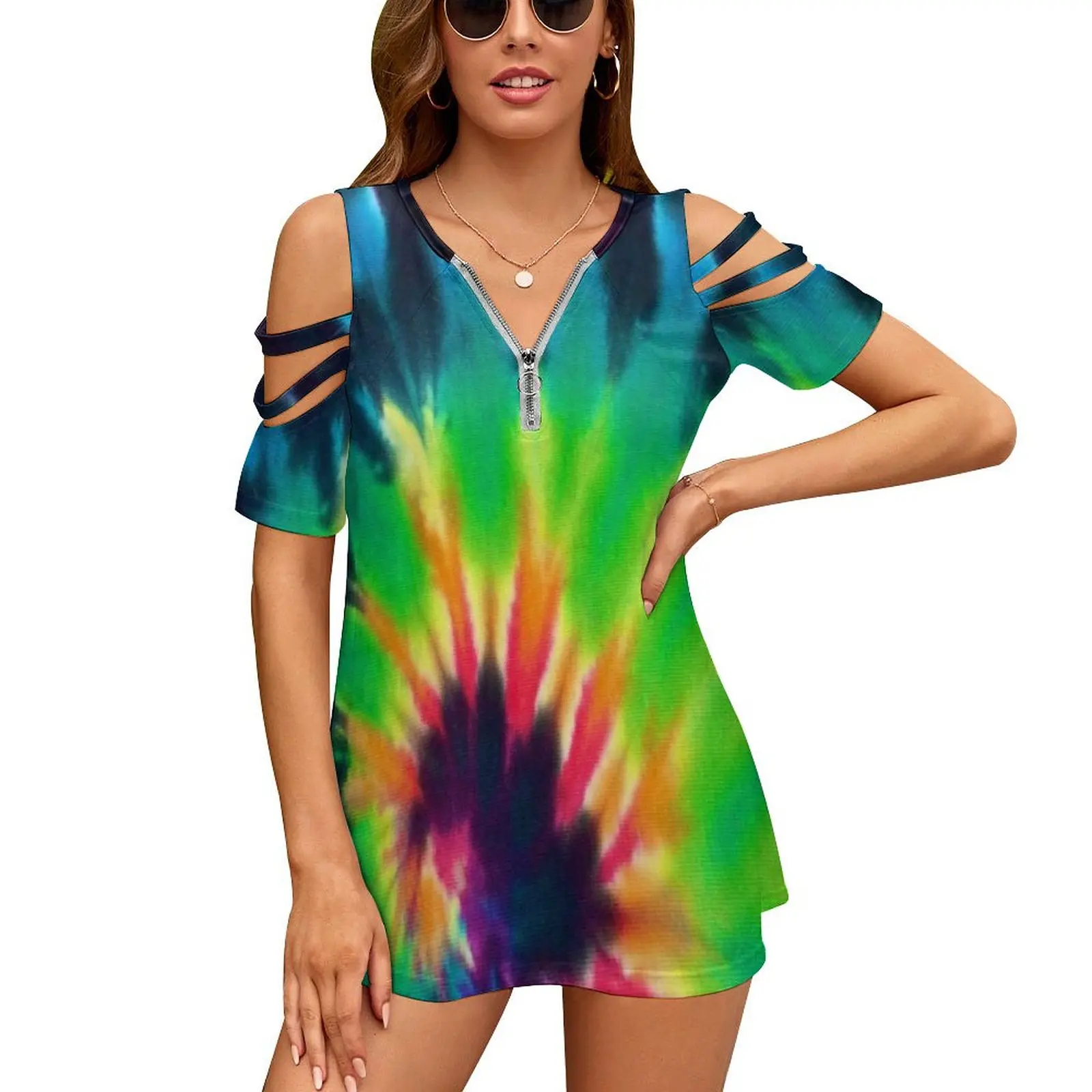 Swirl And Colorful Rainbow Tie Dye Women'S T-Shirt Summer Fashion Print Floral V-Neck Zipper Tshirt Hollow Pullover Ladies Top