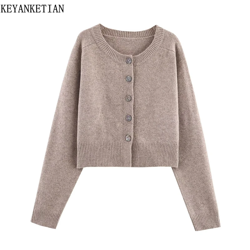 

KEYANKETIAN 2025 Winter New Women's O-Neck Long Sleeve Single Breasted Knit Cardigans Simple style Loose Basic Short Sweater Top