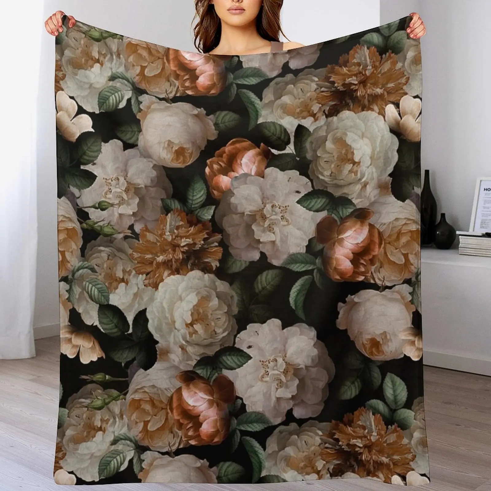 New Antique Jan Davidsz. de Heem Lush Roses Flowers On Black Pattern Throw Blanket Flannels christmas gifts Blankets