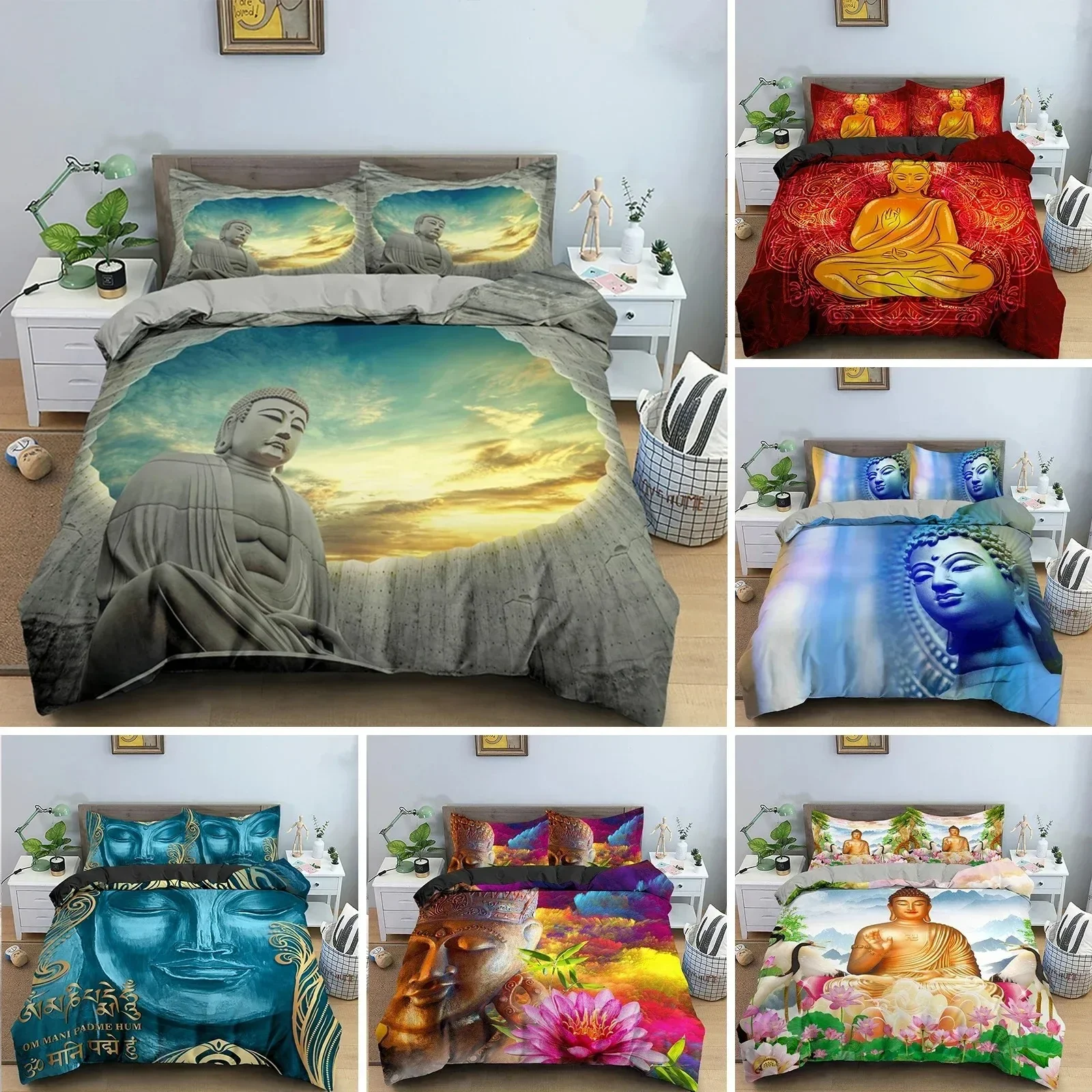 

Buddha Duvet Cover Set Microfiber Buddha Statue Exotic Ethnic Bohemian Bedding Set for Buddhist Devotees Double Queen King Size