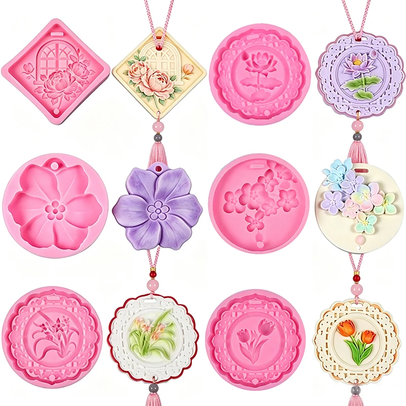 Moule en silicone pour diffuseur de parfum en plâtre à motif floral, DIY, lotus, tulipe, cerisier, savon floral, pendentif diffuseur de parfum pour voiture, moule artisanal