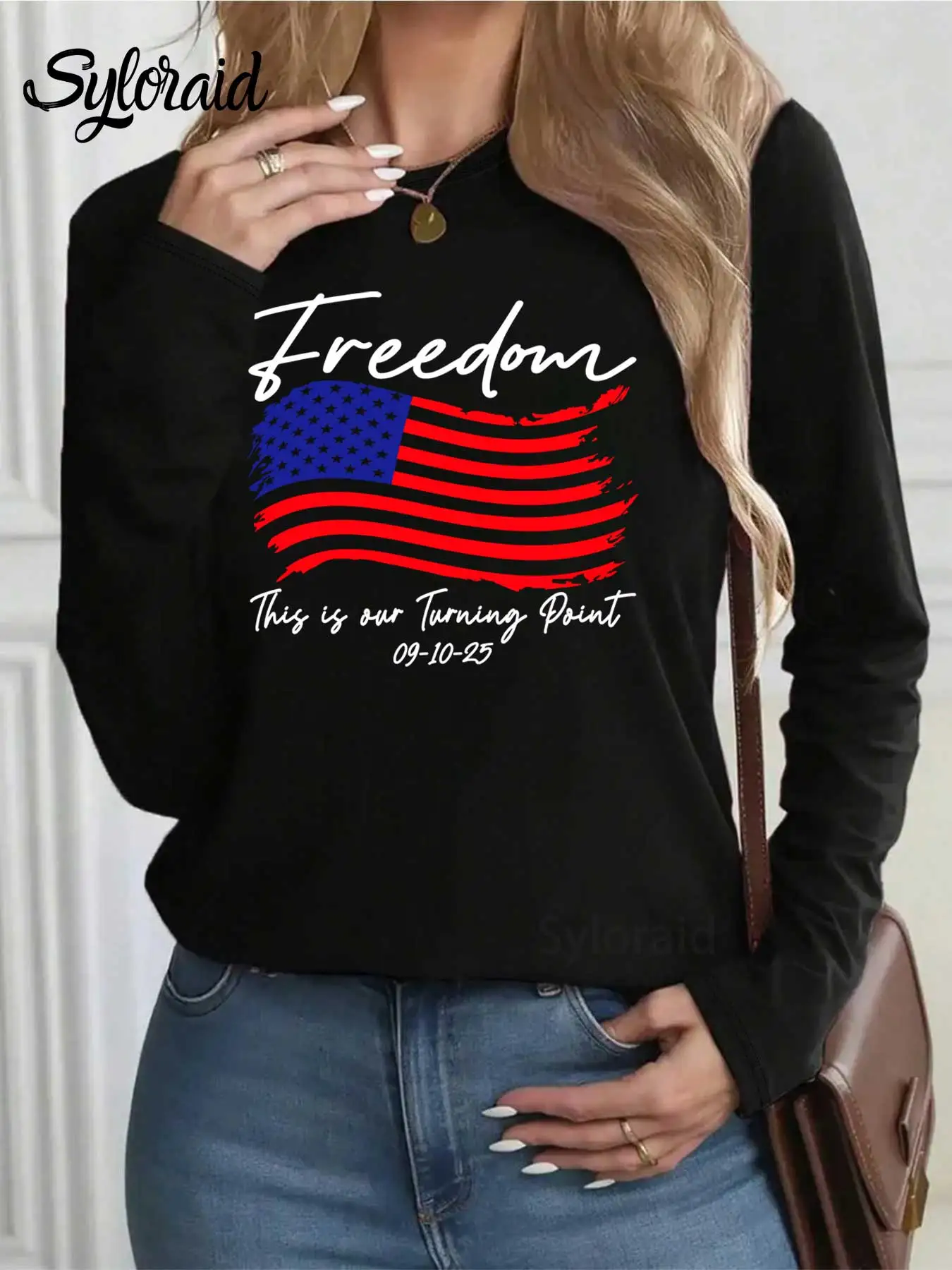 المرأة طويلة الأكمام تي شيرت تحول نقطة طباعة تي شيرت الحرية الوطنية قميص الموضة جولة الرقبة عارضة أعلى #2