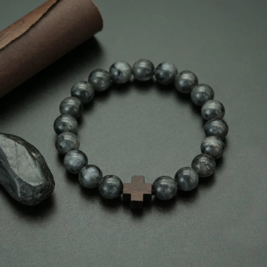 Naturstein Perlen Armband Holz Kreuz Männer Charme elastische Gebet Armband Malachit Lava handgemachte Glaube Schmuck Geschenk Joias