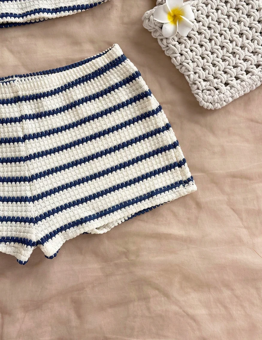 Summer Textured Knit Halter Top Shorts Two Piece Outfit, Classic Nautical Stripes Paired With Breathable Knit Fabric, Ideal For