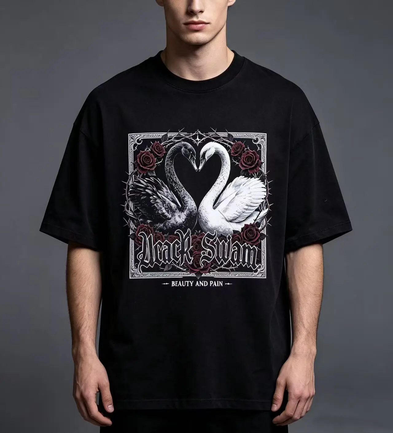 Unisex Black White Swan Red Rose Thorn Gothic Graphic T Shirt Men Women Vintage Frame Dark Romance Print Oversized Crew Neck Cotton Streetwear Top