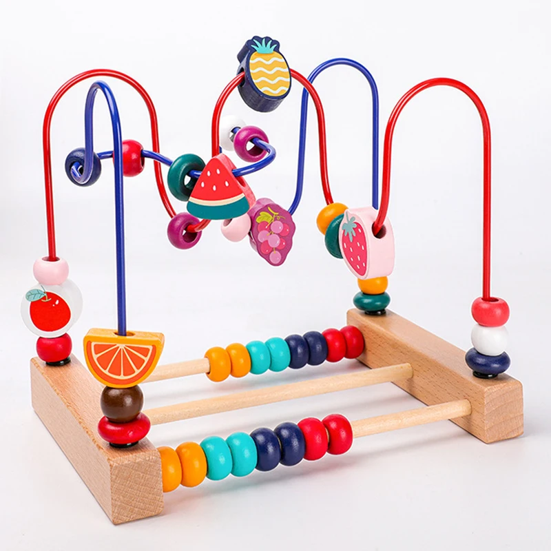 Montessori Roller Coaster Bead Maze Wooden Baby Toy Animal Fruit Style Maze Circles Around Beads Abacus Math Puzzle Toys Gifts