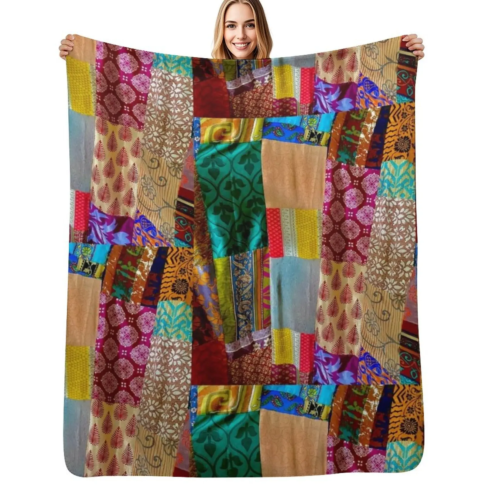 

Kantha Silk India Saries repurposed into Boho Goddess Throw Blanket Travel Thermal Kid'S for babies Blankets