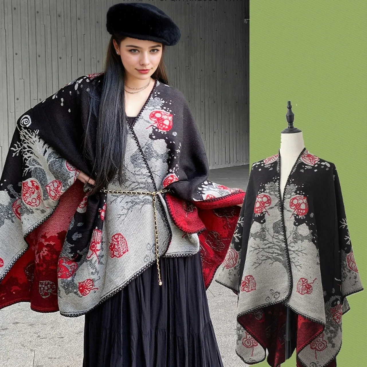 Autumn and winter cloak multifunctional woven imitation cashmere fashionable warm shawl travel Cape shopping Poncho P1
