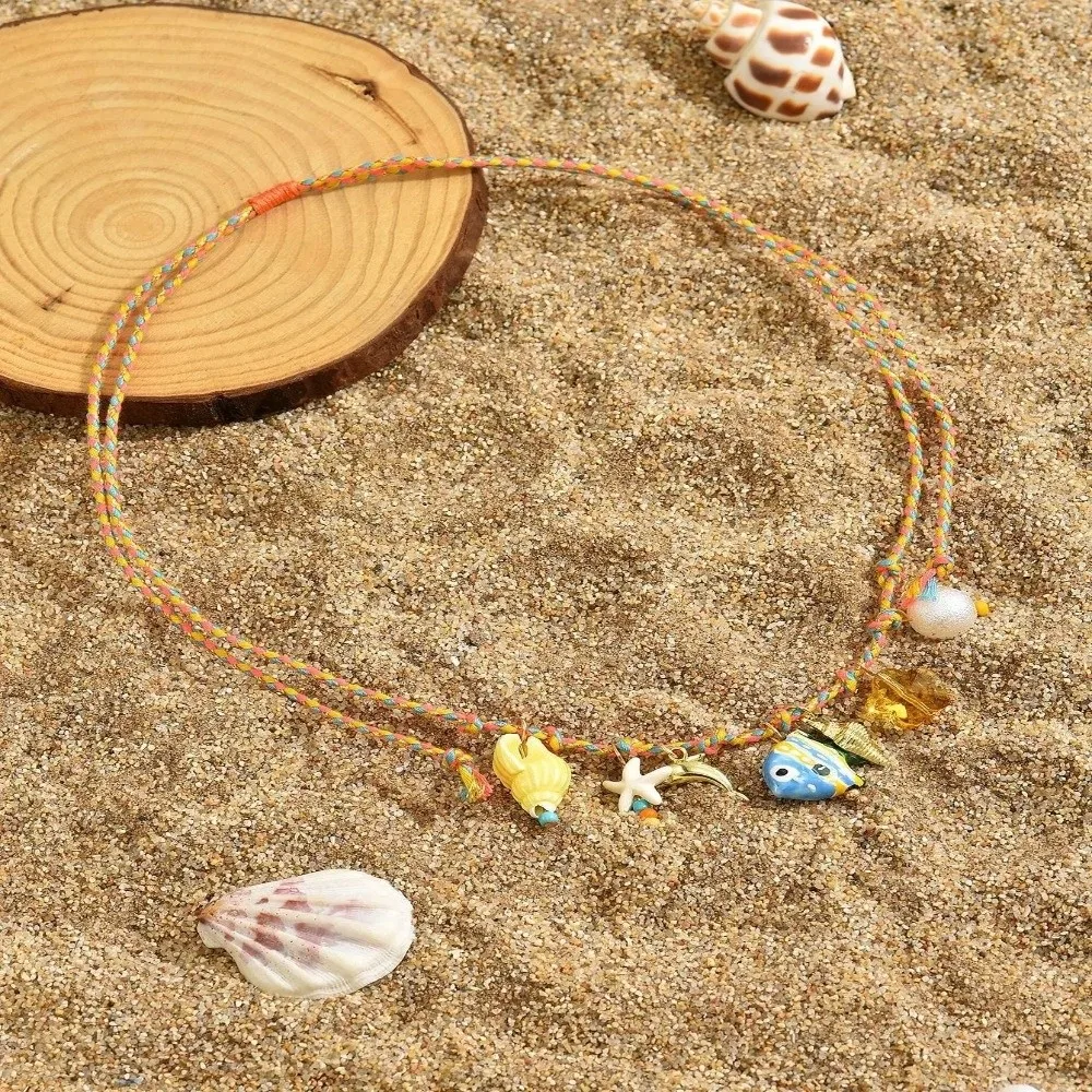 Cute Ceramic Fish Pendant Orange Weave Shell Vintage Beach Party Necklace Adjustable Multicolour Choker Jewelry Dopamine Style