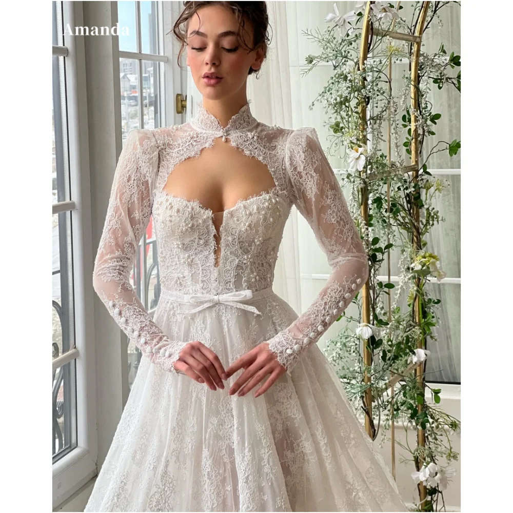 

Amanda Customized White Bow Button Lace Flowers Embroidery فساتين سهرات Long Sleeves vestidos de fiesta Strapless Wedding Dress