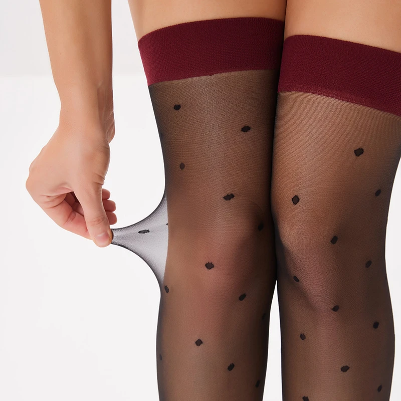 Medias de lunares con borde rojo para mujer, disfraces JK, calcetines largos, pierna de moda, Sexy, transparente, negro, medias sedosas, Verano
