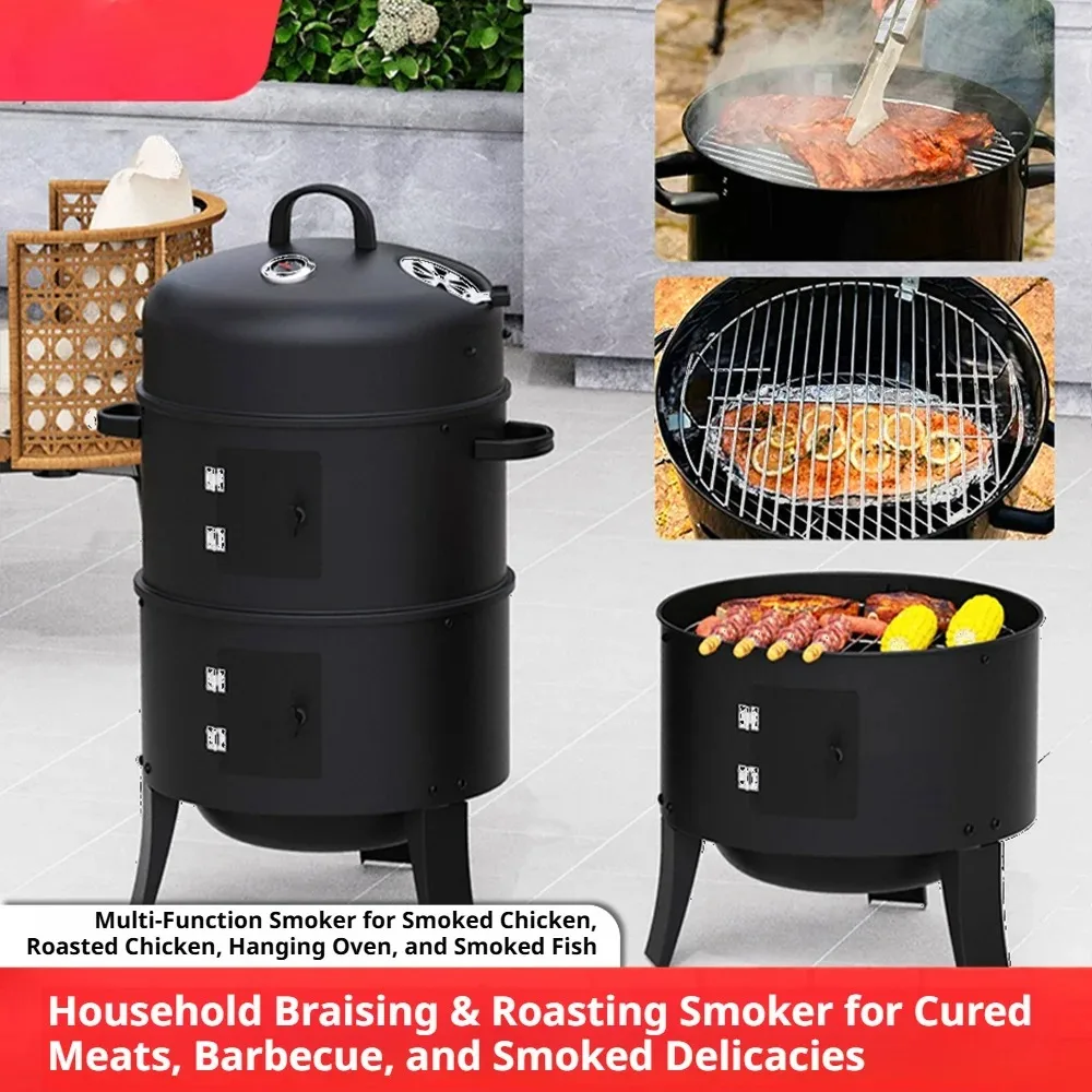 

3-Tier Charcoal Smoker Grill, Outdoor & Home Hanging BBQ Smoker, Portable Barbecue Grill